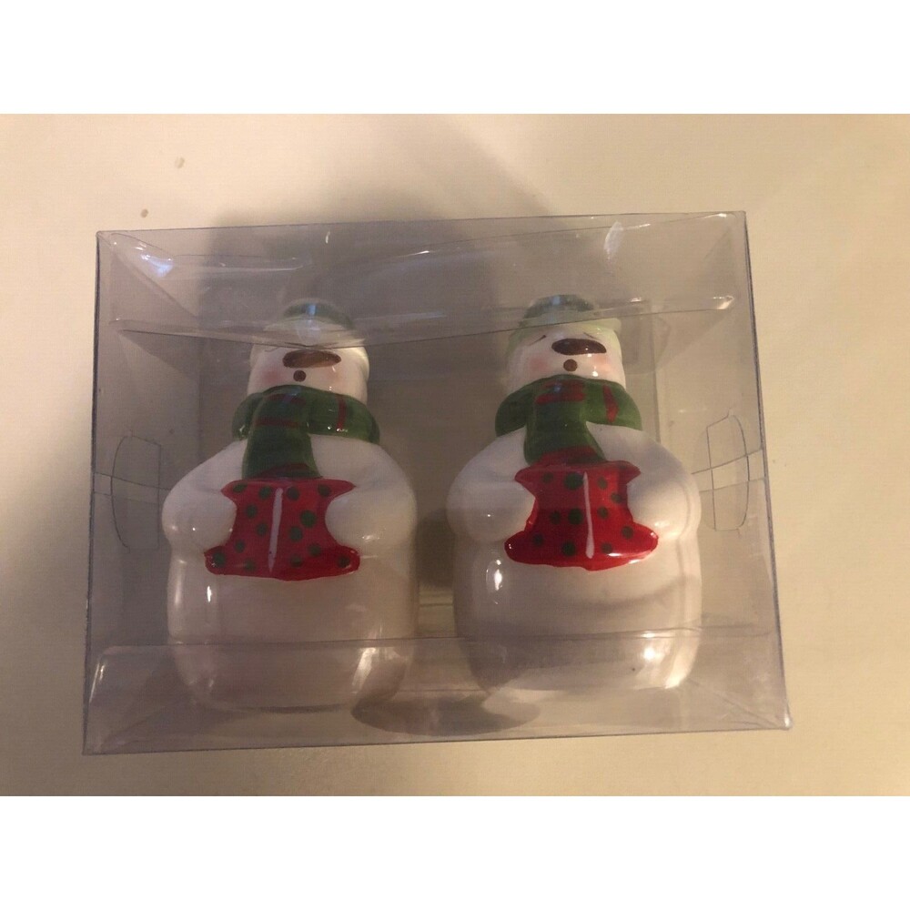 Snowman Salt & Pepper Shakers Ceramic Plastic Stoppers 4" High Christmas